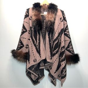 Lulla Collection by Bindya Black & Brown Poncho Shawl w/ Fur Warm One Size Cape